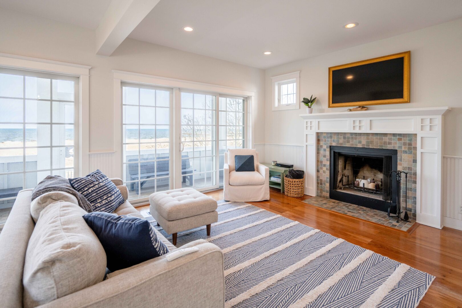 living room with furniture, fireplace, and couch