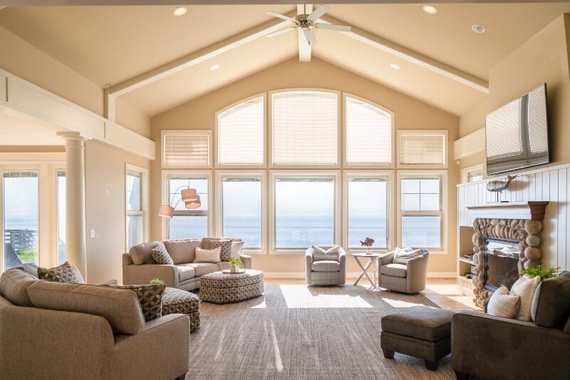 Lake Michigan Vacation Rentals: An interior view of a beautiful living room overlooking Lake Michigan.