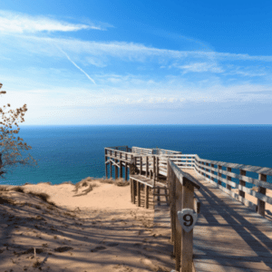 Wooden platform built to overlook Lake Michigan